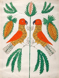 Two Red and Yellow Parrots Facing Each Other (Green Leaves) by Unidentified artist