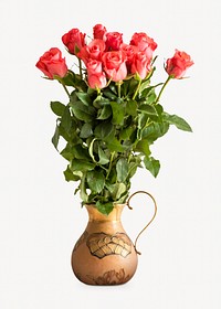 Pink roses vase, isolated botanical image