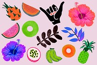 Colorful tropical fruits collage element set psd