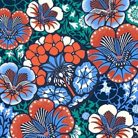 Batik flower patterned background, red and blue botanical illustration