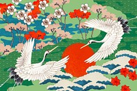 Vintage Japanese crane-patterned background, traditional illustration remixed from the artwork of Watanabe Seitei