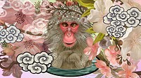 Japanese macaques onsen desktop wallpaper, vintage animal illustration