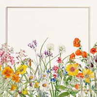 Blooming flower border, gold frame illustration