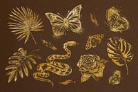 Gold leaf, animal, botanical collage element set psd