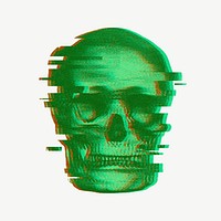 Glitching human skull, green design psd