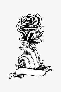 Hand holding rose element, black & white design vector