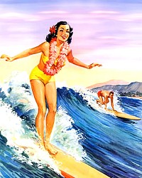 Woman surfing illustration. Free public domain CC0 image.
