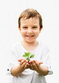 Boy cupping plant, isolated image