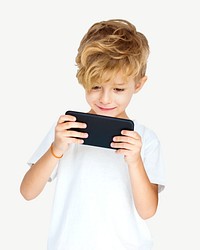 Boy playing phone collage element psd