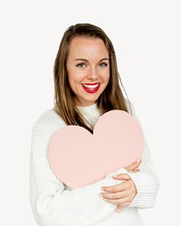 Woman holding heart, isolated image