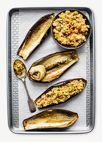 Homemade roasted eggplants stuffing collage element psd