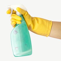 Glove hand holding cleaning spray bottle collage element psd