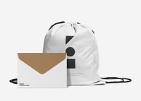 White drawstring bag mockup with envelope psd