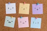 Colorful note papers mockup psd, memo pinned on corkboard, emoji faces on paper