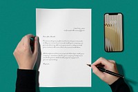 Letter mockup psd, man writing on it