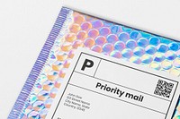 Shipping label mockup, business branding, iridescent bubble mailer design psd