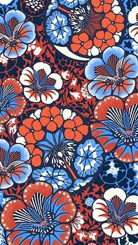 Batik flower patterned iPhone wallpaper, red and blue botanical background