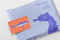 Plastic parcel bag mockup, business card psd