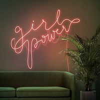 Girl power neon sign mockup psd in authentic cafe