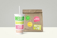 Paper bag mockup, soda cup, takeaway food packaging psd