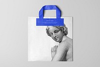 Paper shopping bag mockup, vintage woman sketch design psd