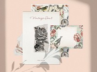  Flower mood board mockup with vintage floral invitation and note psd