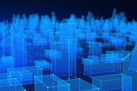 Blue wireframe building background, smart city digital remix