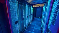 Blue digital desktop wallpaper, supercomputer remix