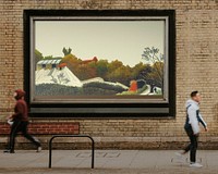 Sawmill, Outskirts of Paris billboard sign, Henri Rousseau's vintage painting on the street, remixed by rawpixel