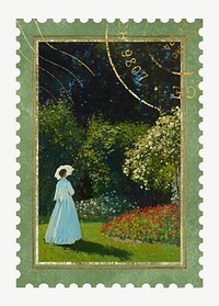 Woman in garden postage stamp element psd. Claude Monet artwork, remixed by rawpixel.