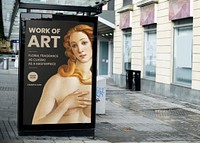 Bus stop ad sign mockup psd, Sandro Botticelli's Venus painting, remixed by rawpixel