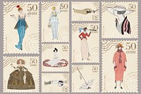 Victorian fashion postage stamp set psd, remixed by rawpixel