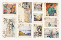 Paul Signac's famous painting, postage stamp set psd, remixed by rawpixel