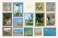 Claude Monet's postage stamp, famous painting set psd, remixed by rawpixel