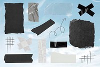 Black and white ripped paper collage element set psd