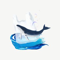 Ocean plastic pollution, animal illustration, collage element psd