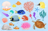 Sea animals illustration set, collage element psd