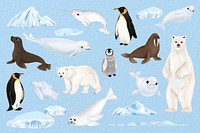 Arctic animals illustration, collage element set psd