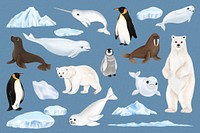 Arctic animals illustration, collage element set psd
