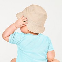 Psd Baby mockup wearing beige bucket hat