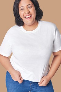 Women's white t-shirt and jeans plus size fashion mockup psd studio shot