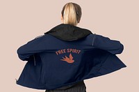 Navy windbreaker jacket mockup psd with logo women&rsquo;s sportswear studio shoot