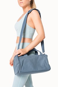 Blue duffle bag psd mockup gym essentials studio shoot