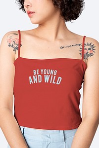 Square tank top psd mockup in red with inspirational quote women’s fashion shoot