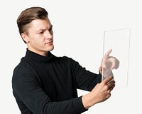 Man using futuristic tablet  collage element psd