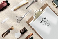 Paper mockup on clipboard psd, barber tools in jobs and career concept