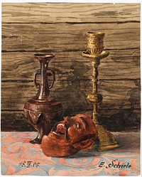 Still Life with Candlestick, Vase and Mask by Egon Schiele