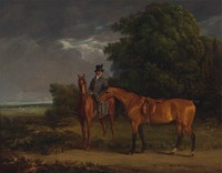 A Groom Mounted on a Chestnut Hunter, He Holds a Bay Hunter by the Reins