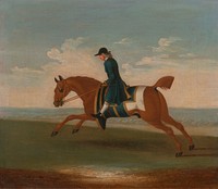 One of Four Portraits of Horses - a Chestnut Racehorse Exercised by a Trainer in a Blue Coat: galloping to the left, the horse wearing blue sweat cover and saddle-cloth edged with gold