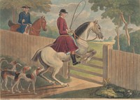 Hunting [two of a set of twelve]:  7. [A rider putting horse to a gate]